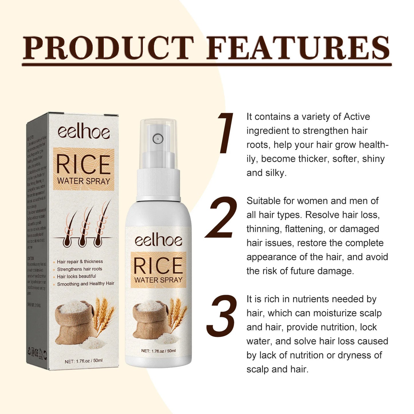EELHOE Rice Water for Hair Growth Spray Improve Dry Damaged Hair Nourish Vitamins for Healthy Hair Regeneration Treatment Spray
